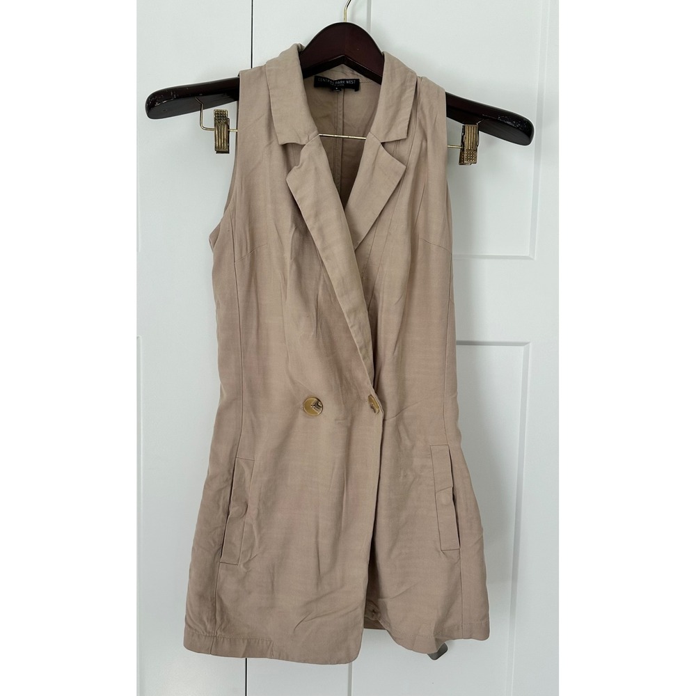 Central Park West Tan Sleeveless Double Breasted Romper Linen Blend Small Khaki